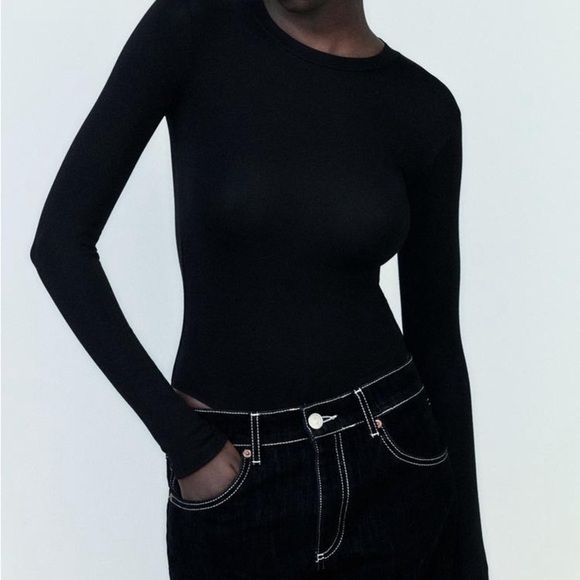 Zara Black Long Sleeve Bodysuit Ribbed Knit Double Snap Sz Medium - Picture 1 of 9